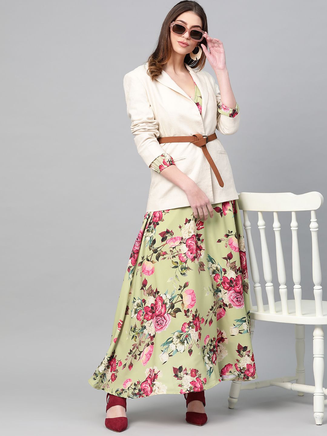SASSAFRAS Lime Green & Pink Floral Printed Maxi Dress