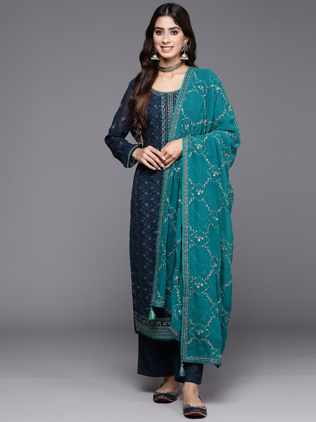 Libas Floral Embroidered Regular Mirror Work Kurta with Trousers & Dupatta