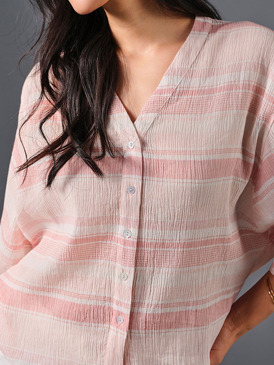 AND Verical Striped V-Neck Drop-Shoulder Sleeves Shirt Style Top