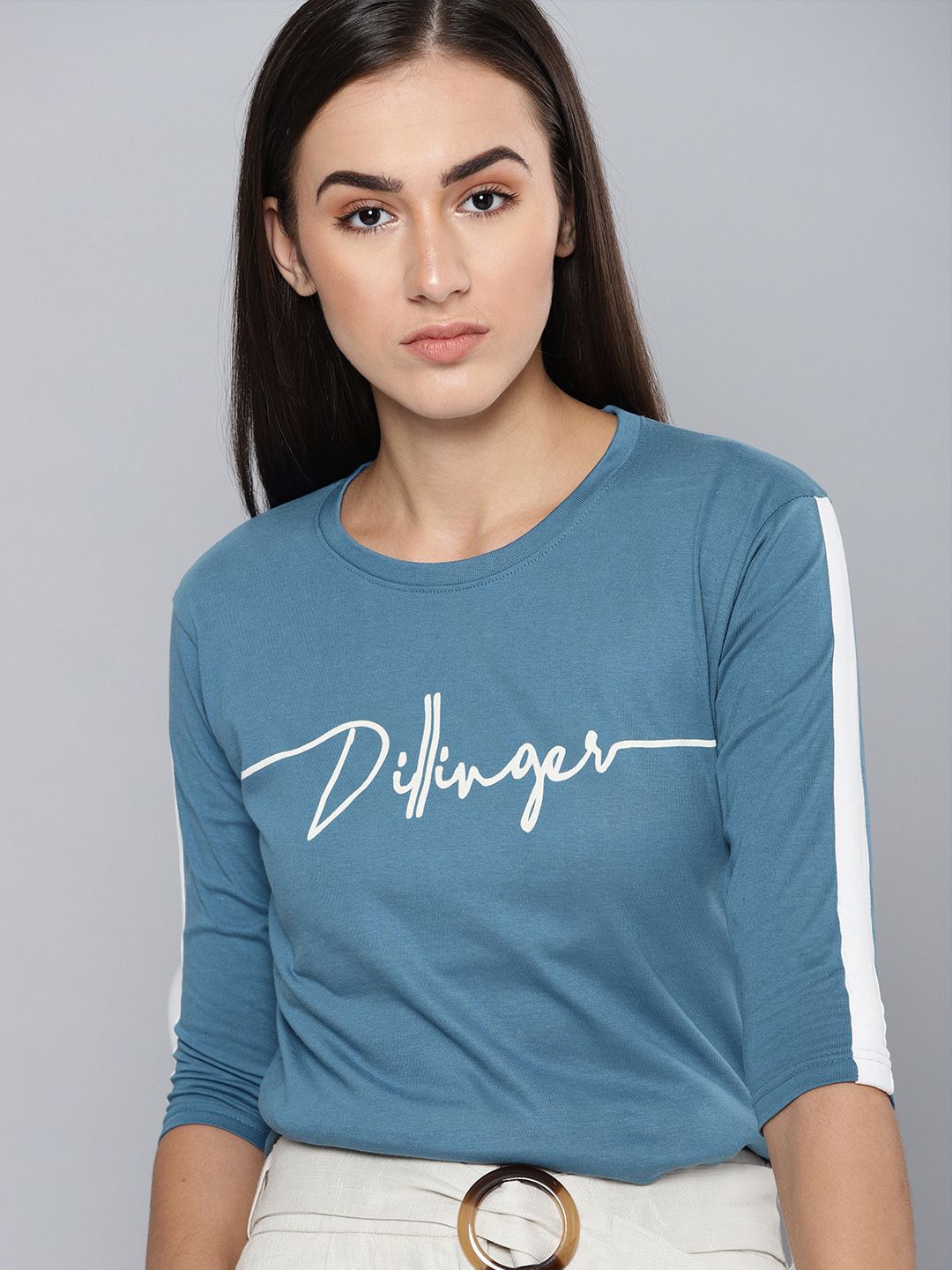 DILLINGER Women Blue Printed Round Neck Pure Cotton T-shirt