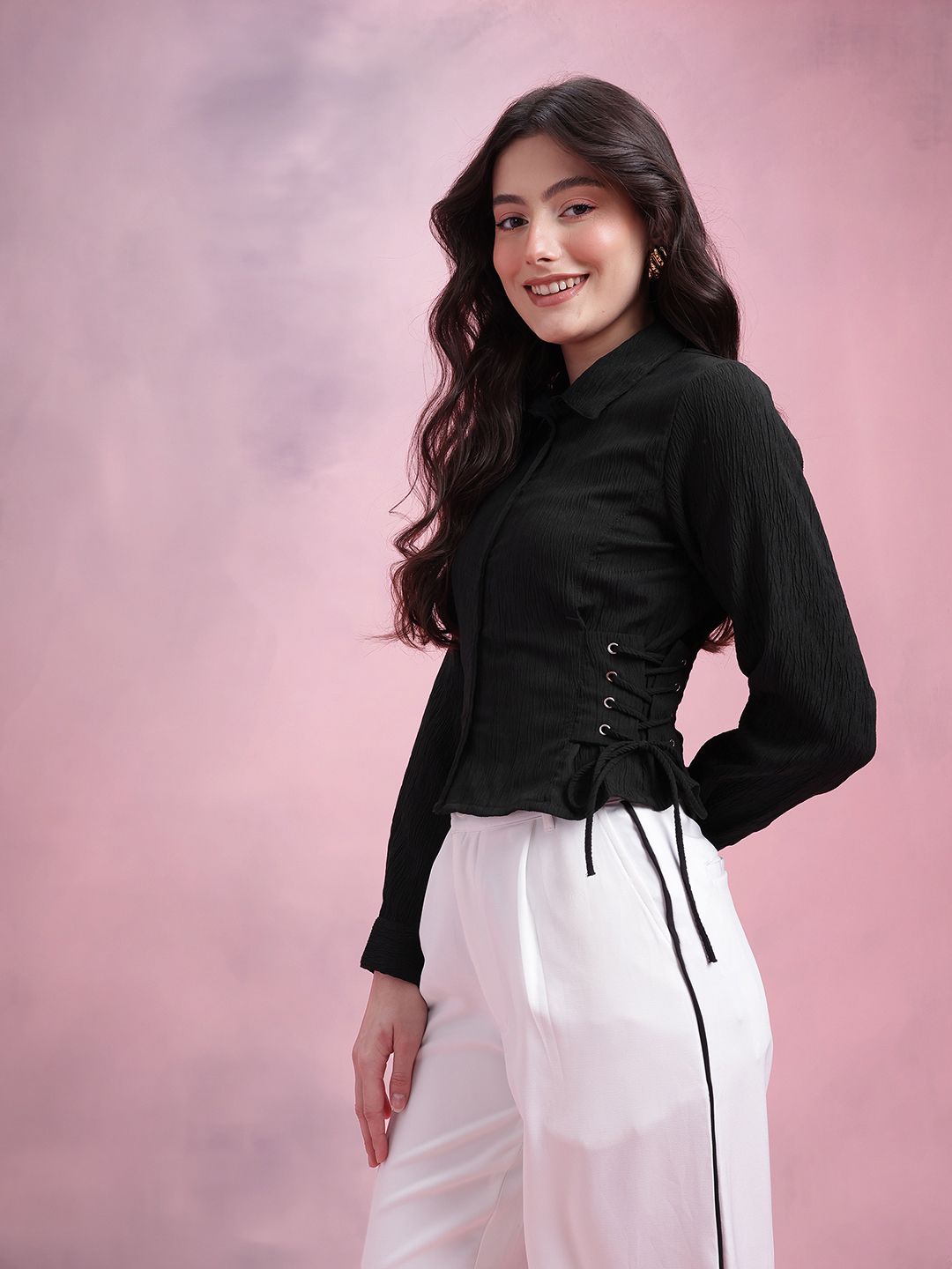 DressBerry Women Lace Ups Crinkled Shirt