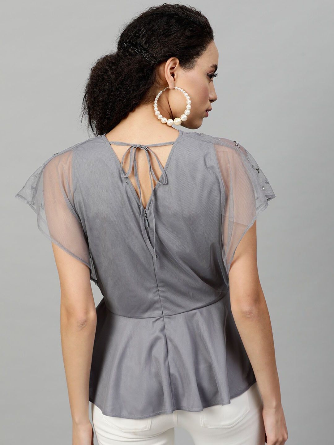 STREET 9 Grey Embellished Flared Sleeves Layered Net Wrap Top