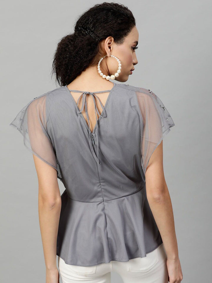 STREET 9 Grey Embellished Flared Sleeves Layered Net Wrap Top
