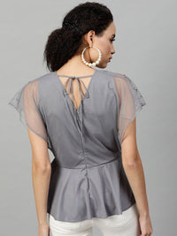 STREET 9 Grey Embellished Flared Sleeves Layered Net Wrap Top