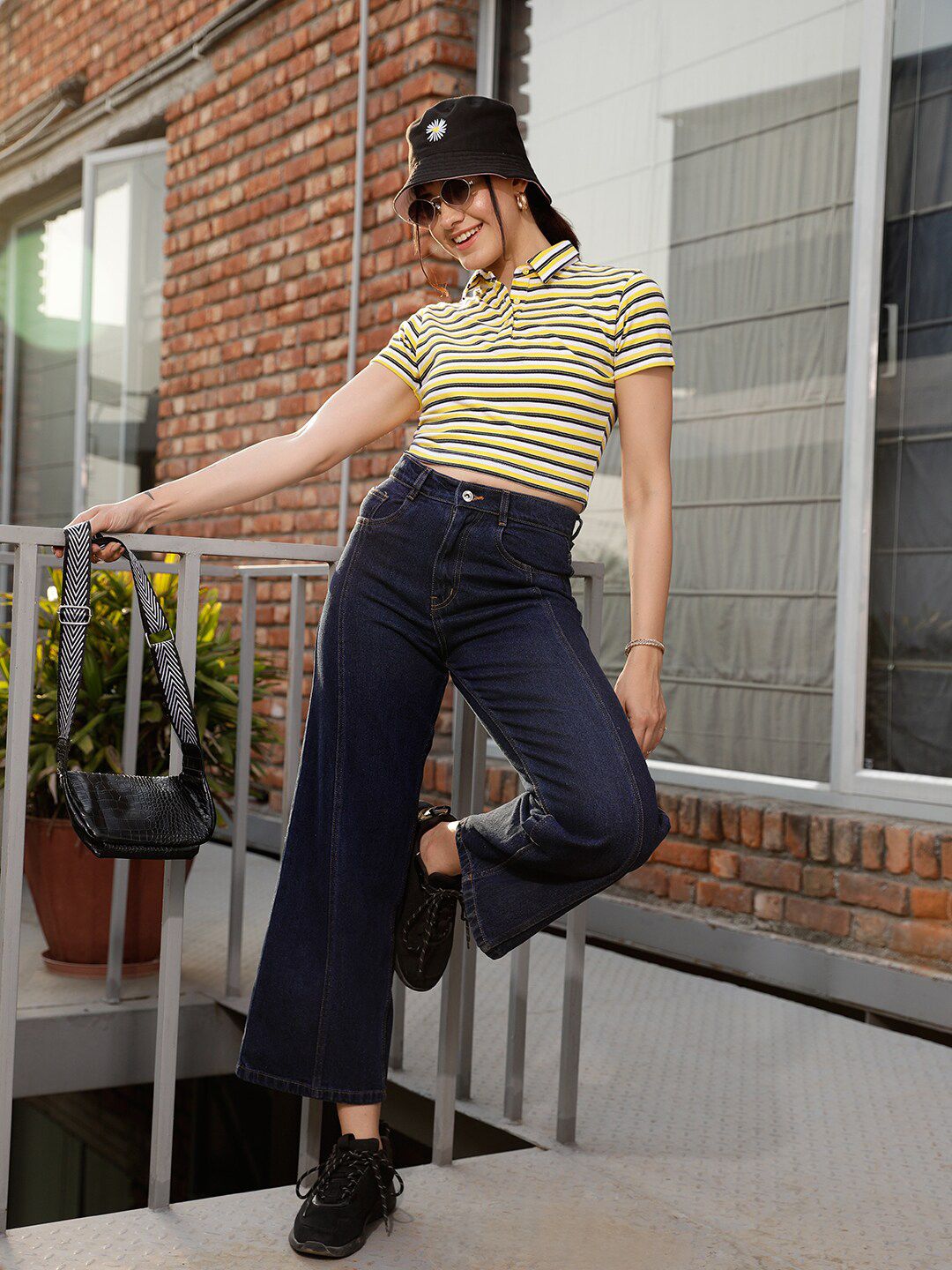 STREET 9 Yellow & White Striped Polo Collar Crop Pure Cotton T-shirt