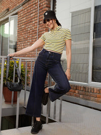 STREET 9 Yellow & White Striped Polo Collar Crop Pure Cotton T-shirt