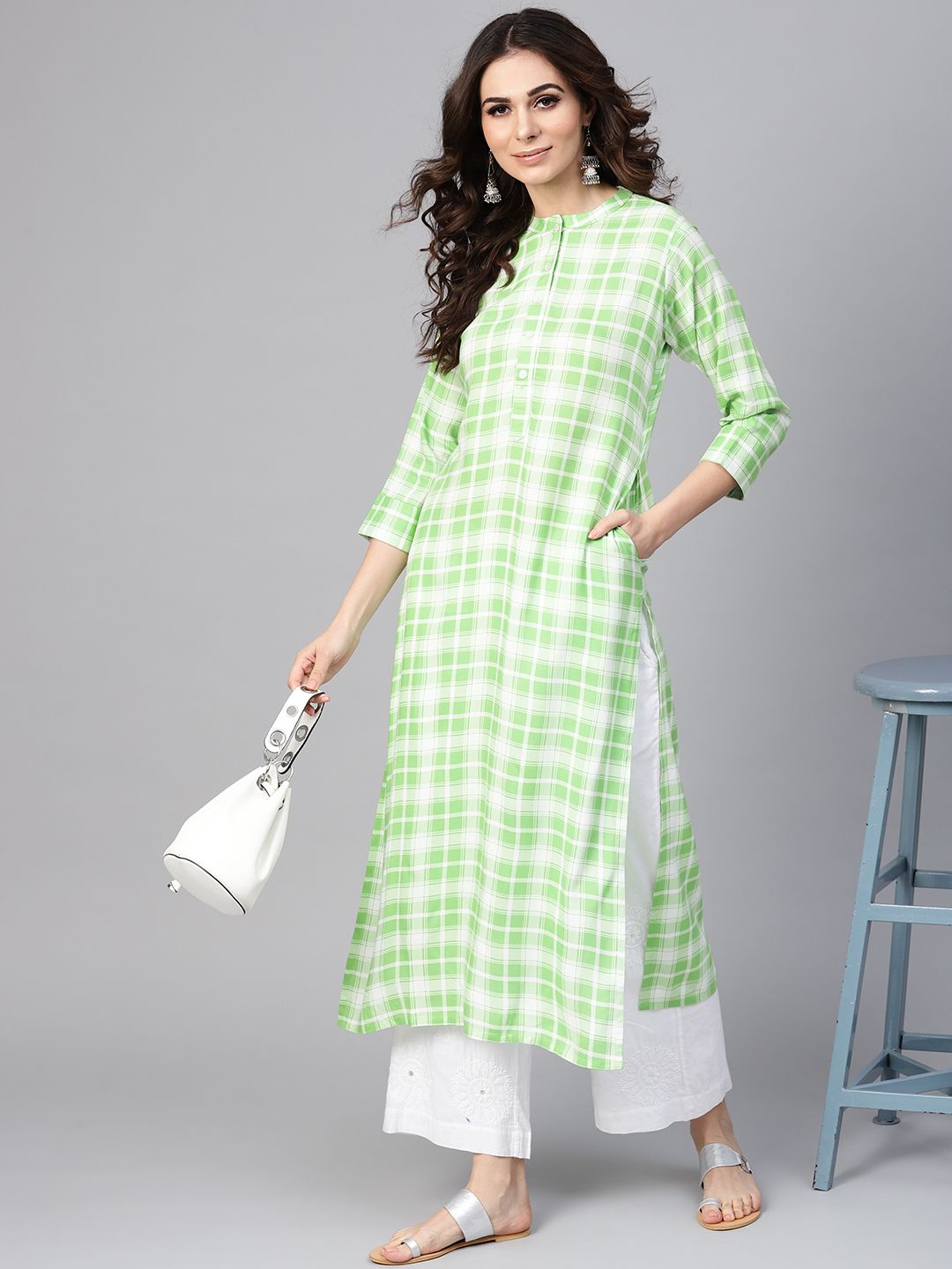 Libas Women Green & White Checked Straight Kurta