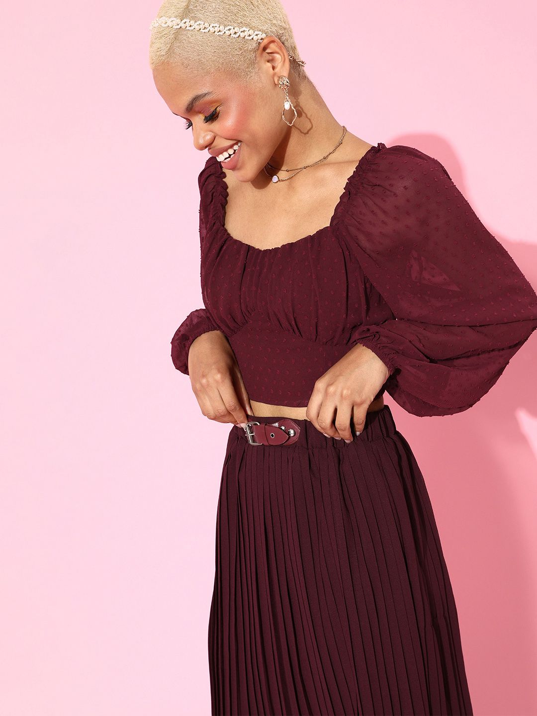 Berrylush Women Charming Maroon Solid Georgette Bishop Sleeves Top