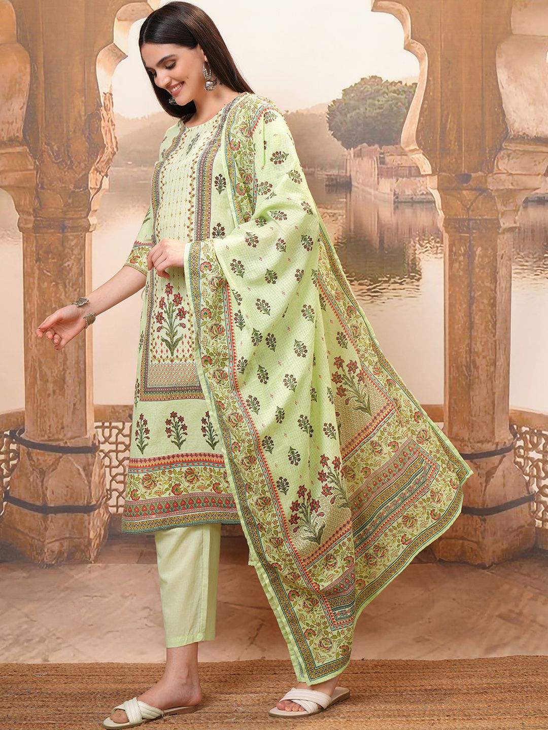 Vishudh Lime Green Floral Printed Pure Cotton Straight Kurta With Trousers & Dupatta