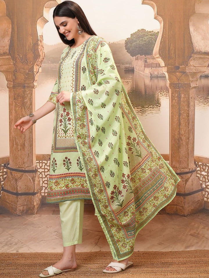 Vishudh Lime Green Floral Printed Pure Cotton Straight Kurta With Trousers & Dupatta