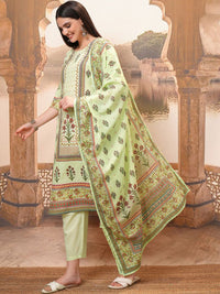 Vishudh Lime Green Floral Printed Pure Cotton Straight Kurta With Trousers & Dupatta