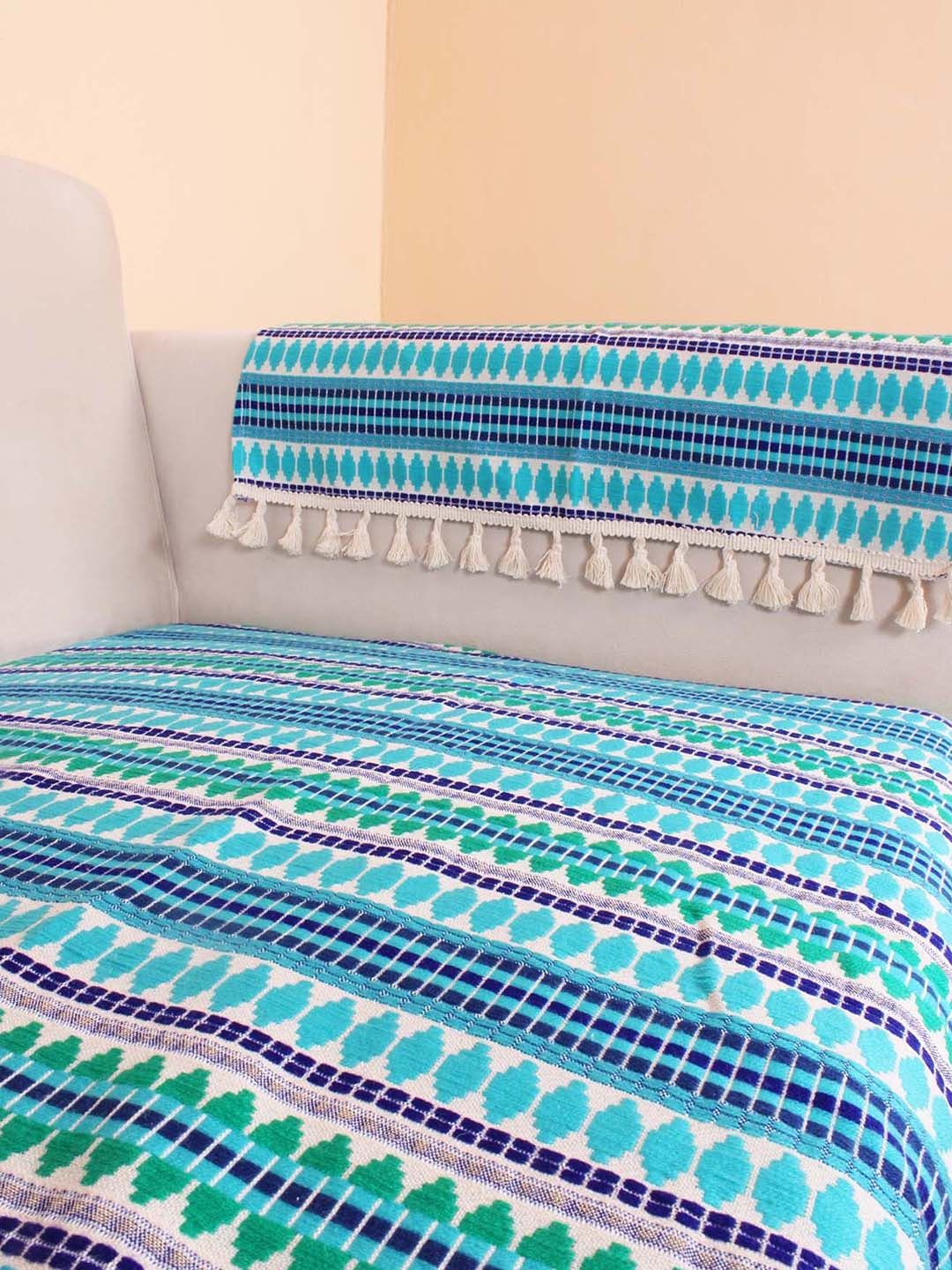 STITCHNEST Blue & White Printed 5-Seater Sofa Cover