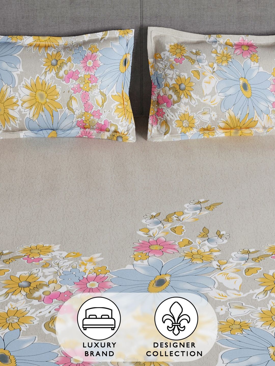 Story@home Grey & Blue Floral 180 TC Queen Bedsheet with 2 Pillow Covers