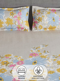 Story@home Grey & Blue Floral 180 TC Queen Bedsheet with 2 Pillow Covers
