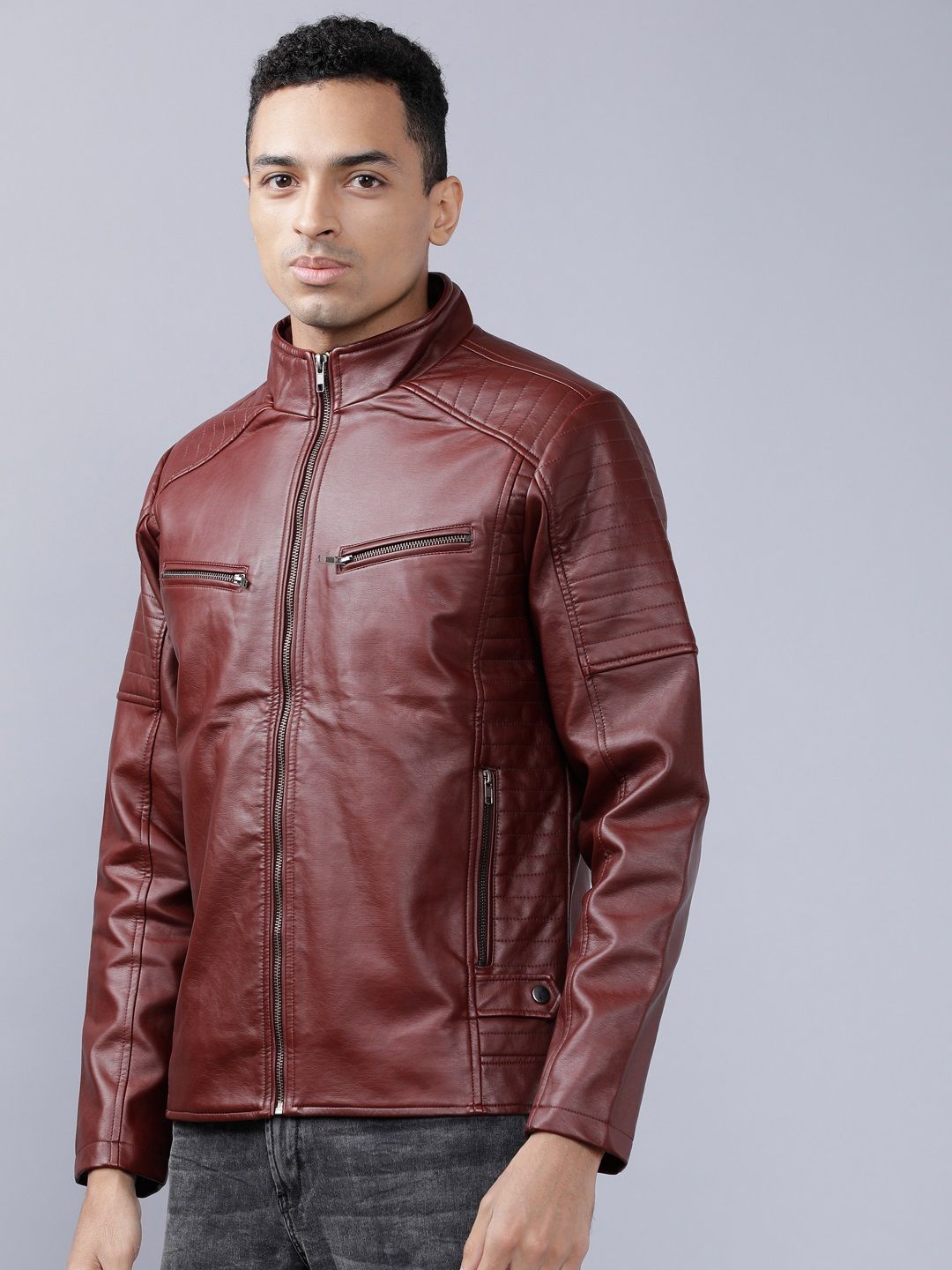 HIGHLANDER Men Burgundy Solid Leather Jacket