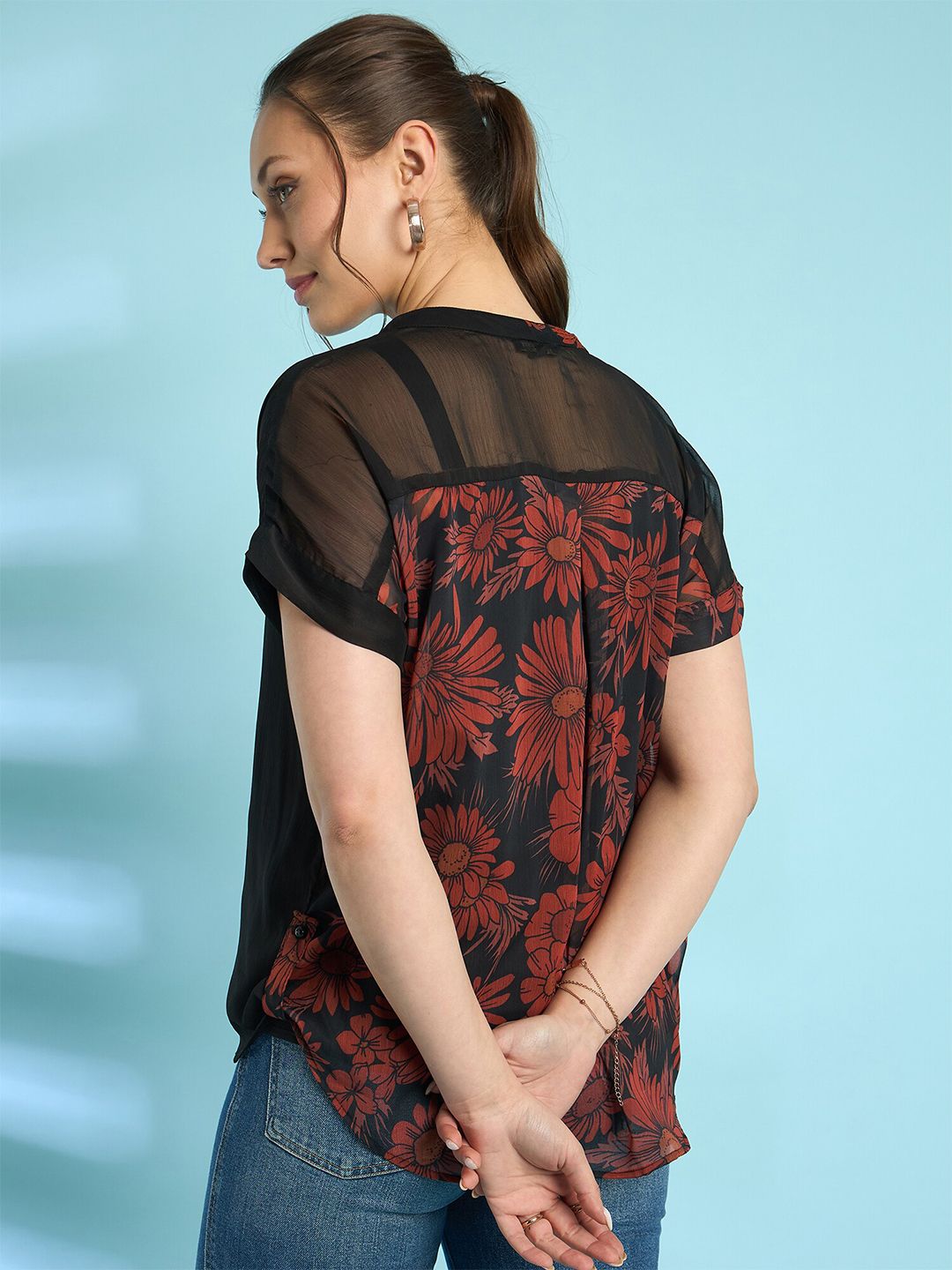 Antheaa Floral Print Mandarin Collar Chiffon Shirt Style Top