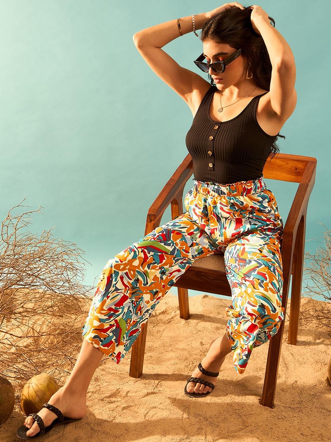Berrylush Women Multi Abstract Printed High-Rise Trousers