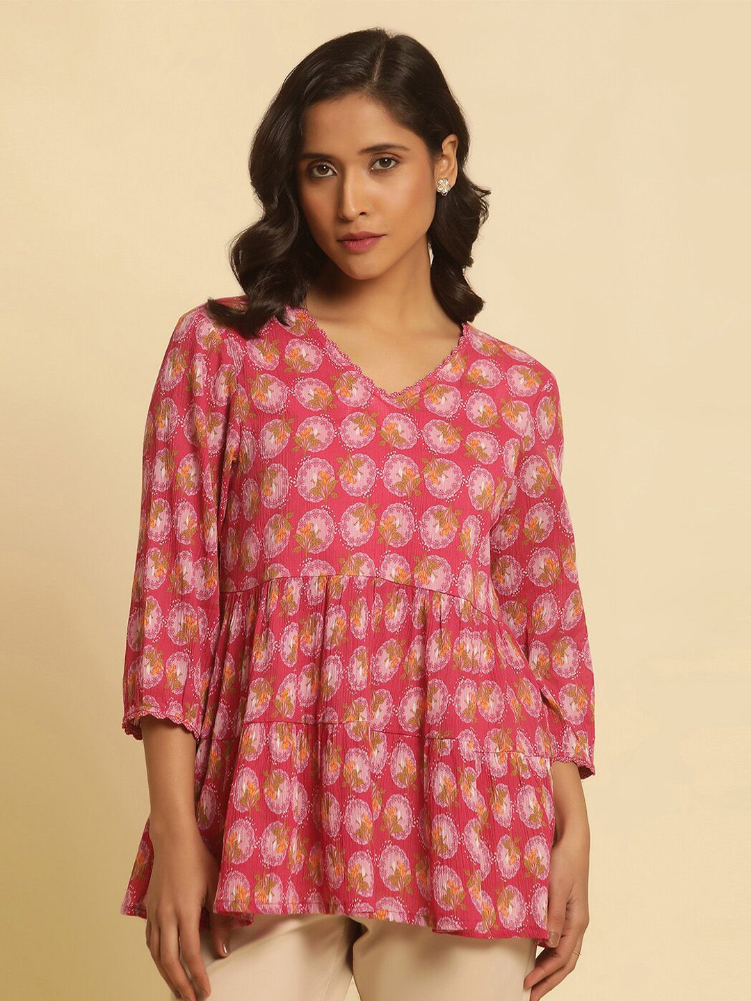 W Floral Printed V-Neck Pure Cotton Top