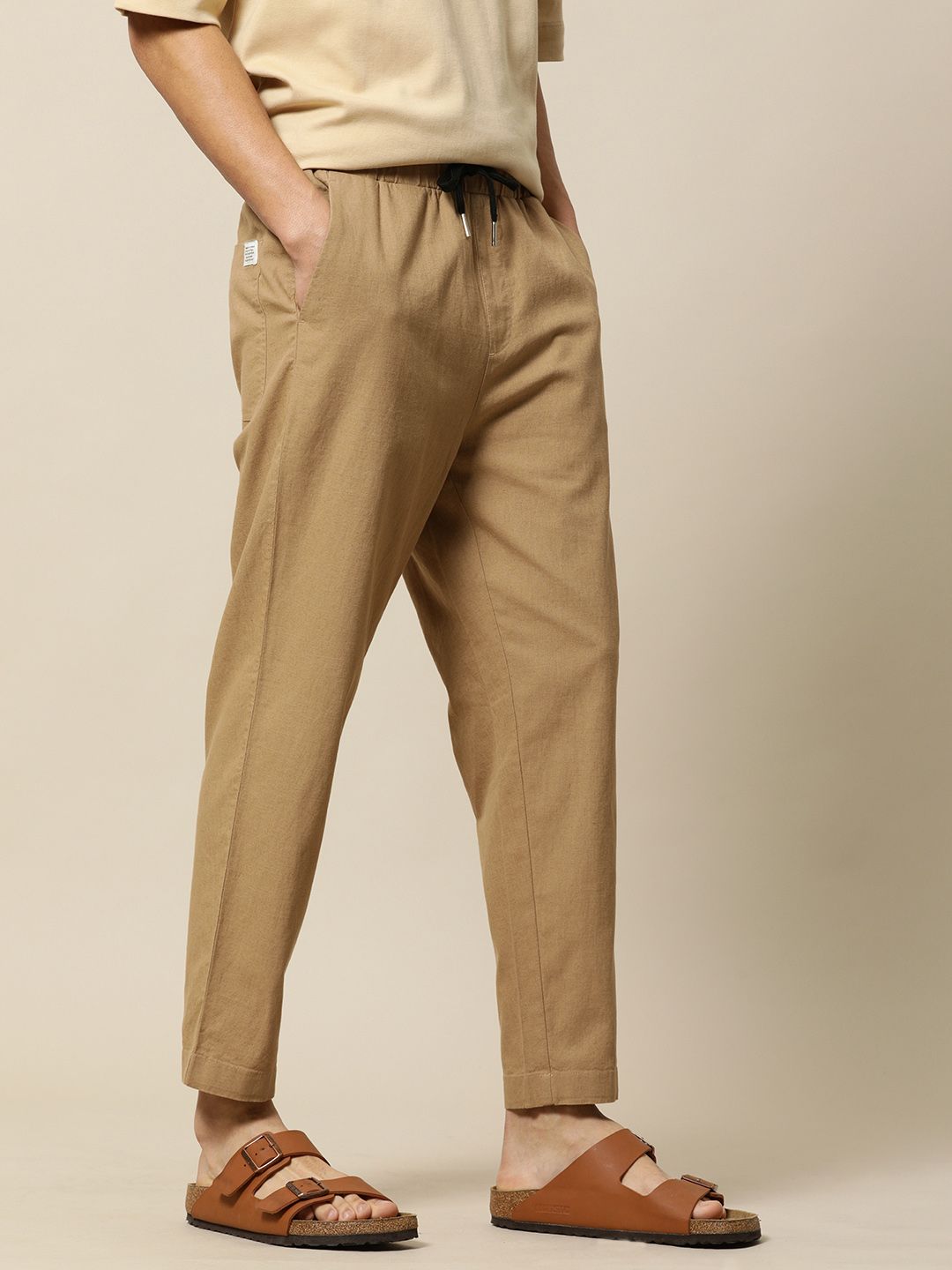 Mr Bowerbird Men Khaki Liberal Fit Cotton Linen Trousers