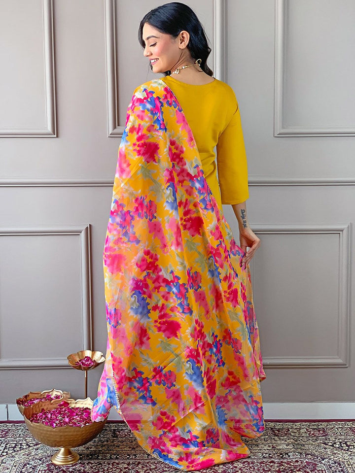 KALINI Ethnic Motifs Yoke Design Thread Work Straight Kurta with Trousers & With Dupatta