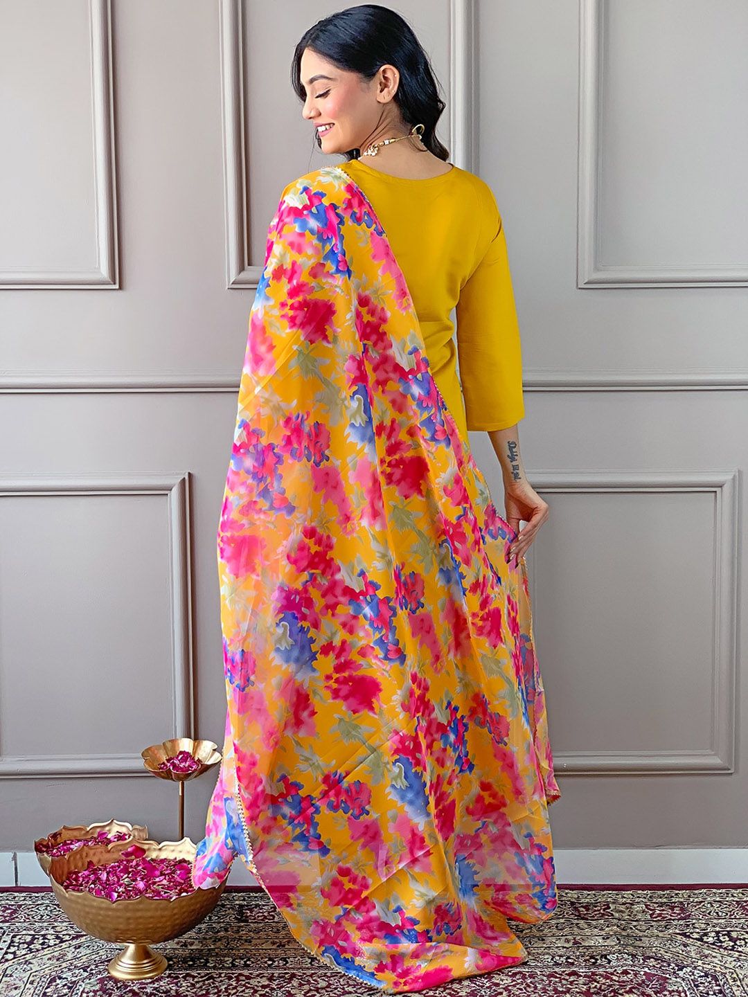 KALINI Ethnic Motifs Yoke Design Thread Work Straight Kurta with Trousers & With Dupatta