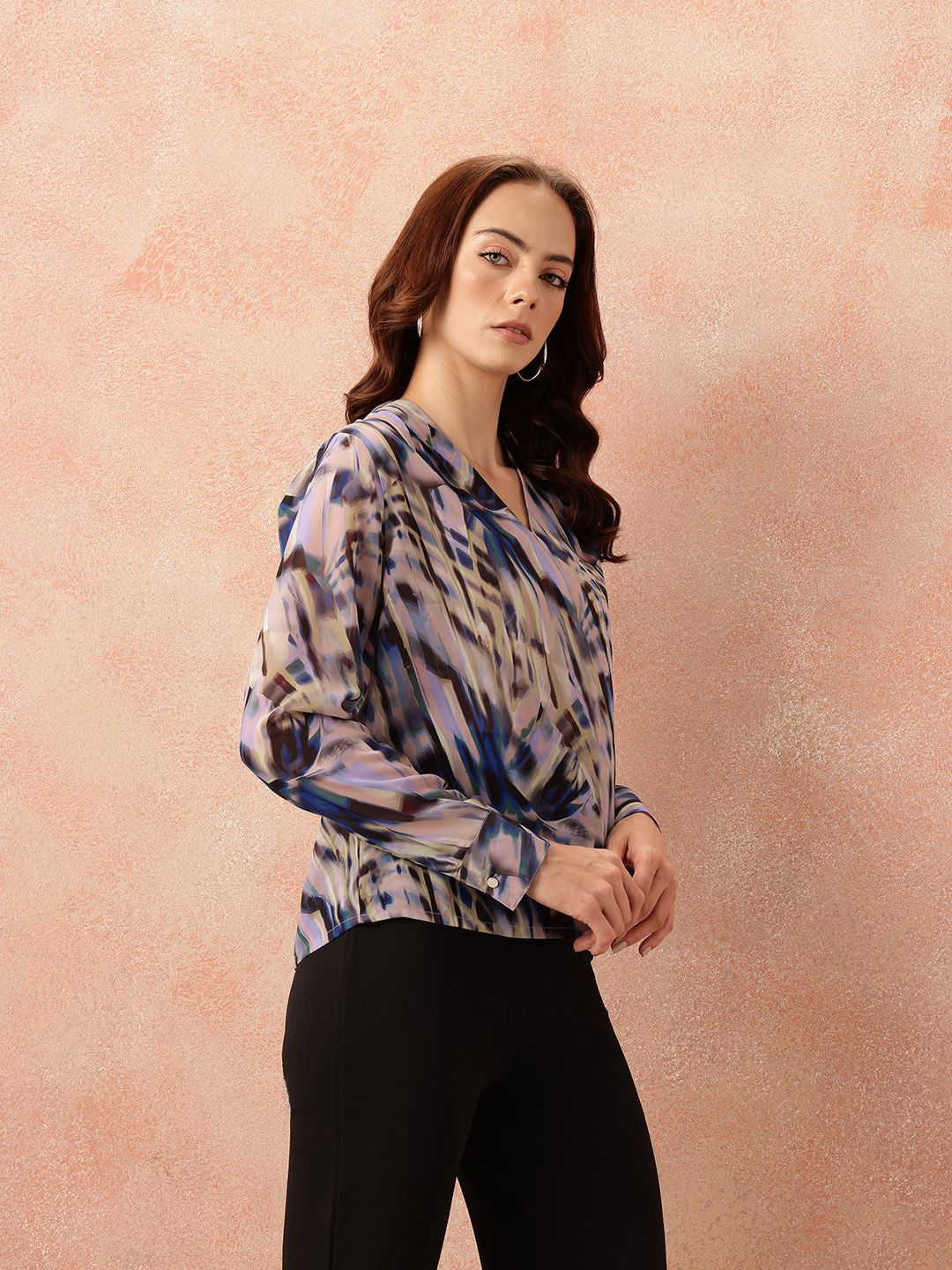 all about you Abstract Print Georgette Semi-Sheer Draped-Style Top