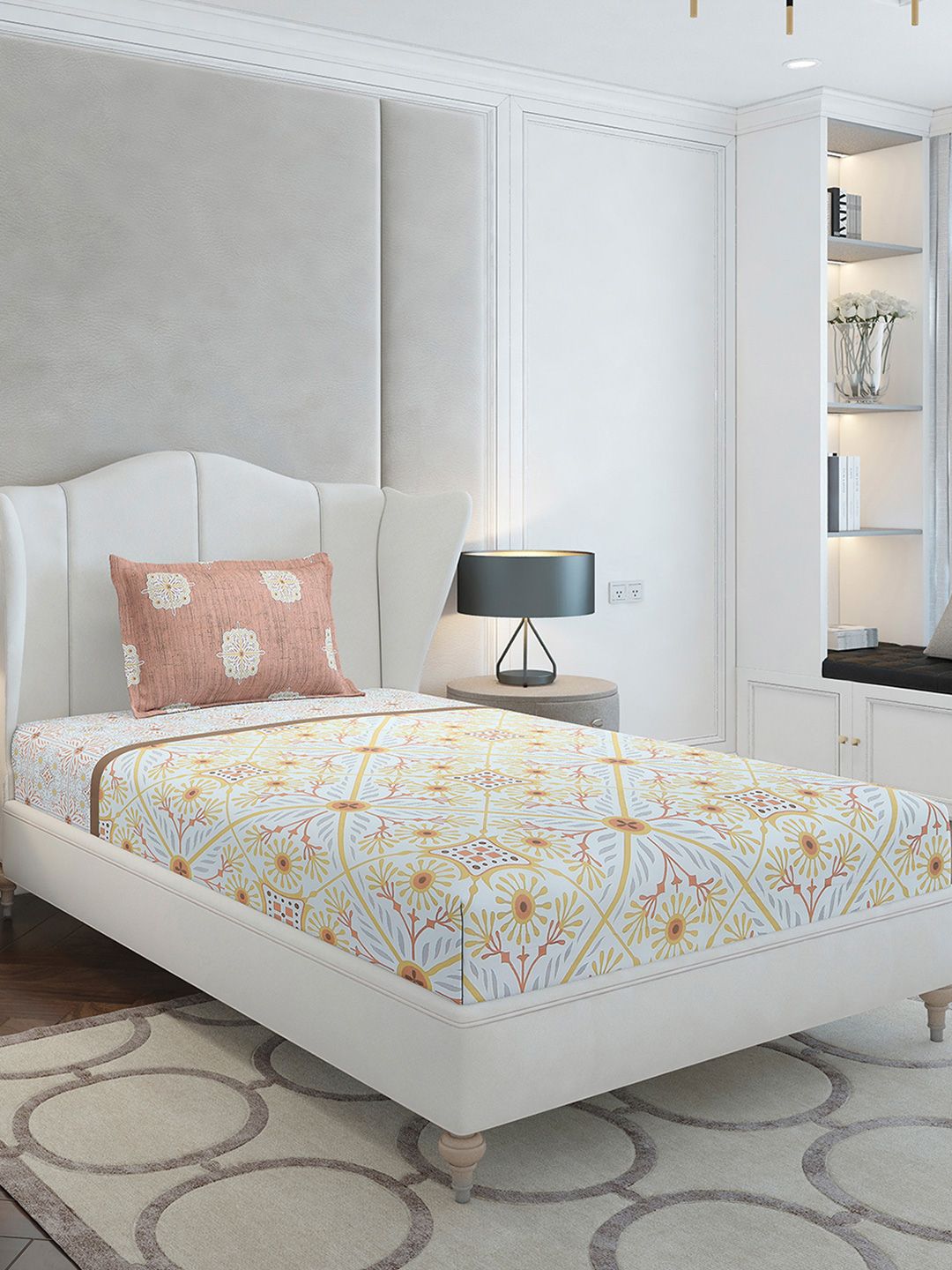 Monte Carlo Beige & Yellow Ethnic Motifs Cotton 144 TC Single Bedsheet Set-2.29 m x 1.52 m