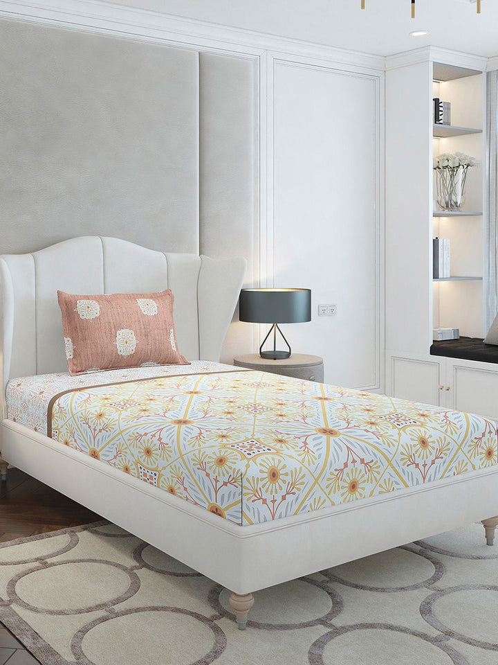 Monte Carlo Beige & Yellow Ethnic Motifs Cotton 144 TC Single Bedsheet Set-2.29 m x 1.52 m