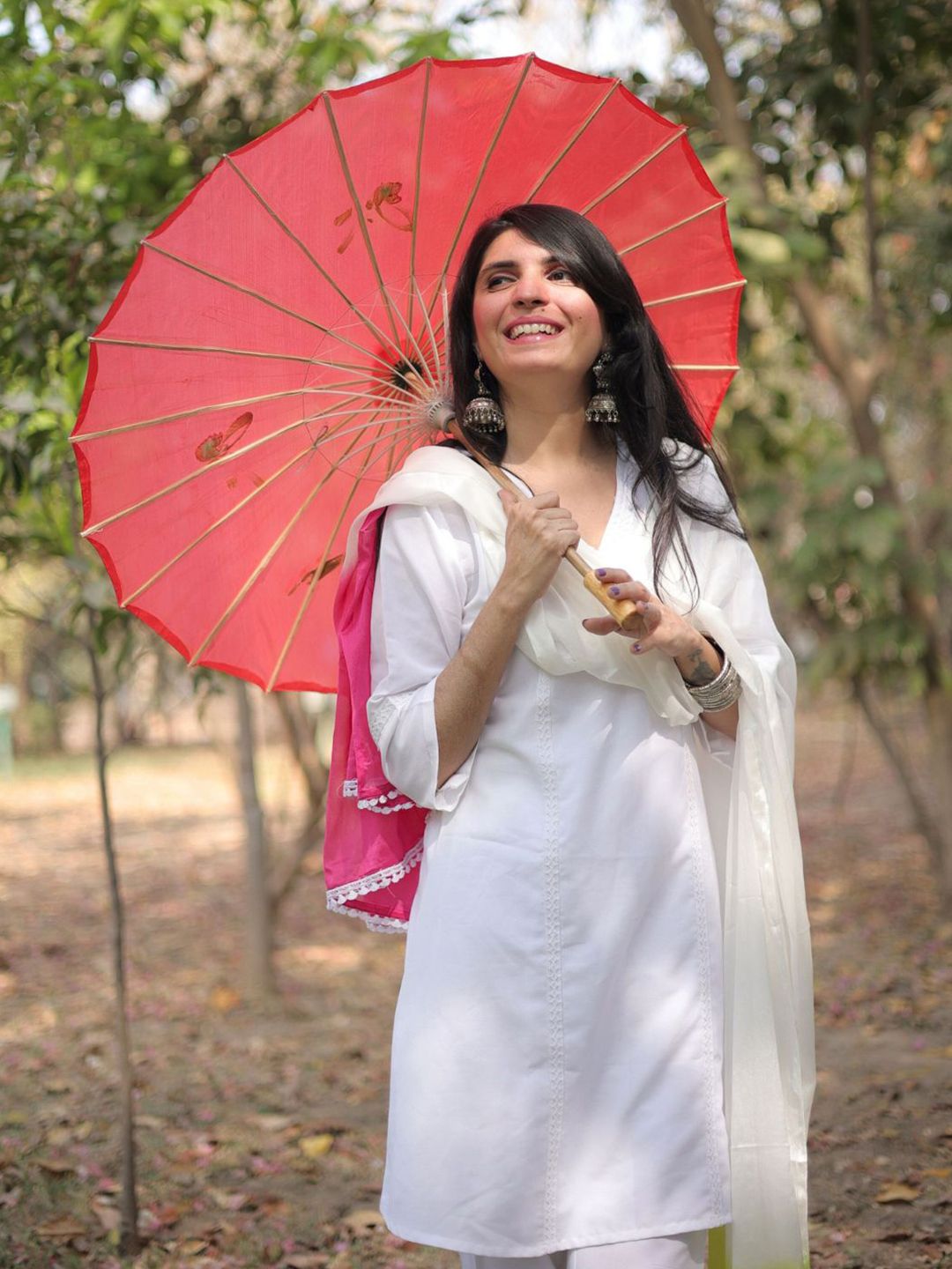Kalini Women Rayon Embroidery A Line Kurta & Trousers With Tie & Dye Dupatta Set