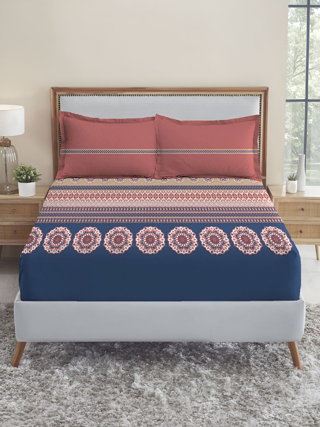 MYTRIDENT Earthy Tale Soft Comfort Fitted 210TC King Pure Cotton 1 Fittedsheet with 2 Pillow Covers