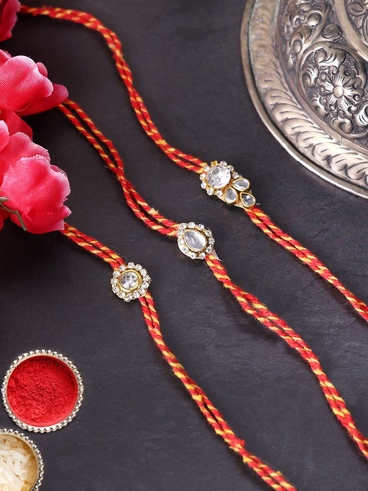 PANASH- Unisex Set Of 3 Gold Plated Stone Studded Thread Rakhis With Roli Chawal