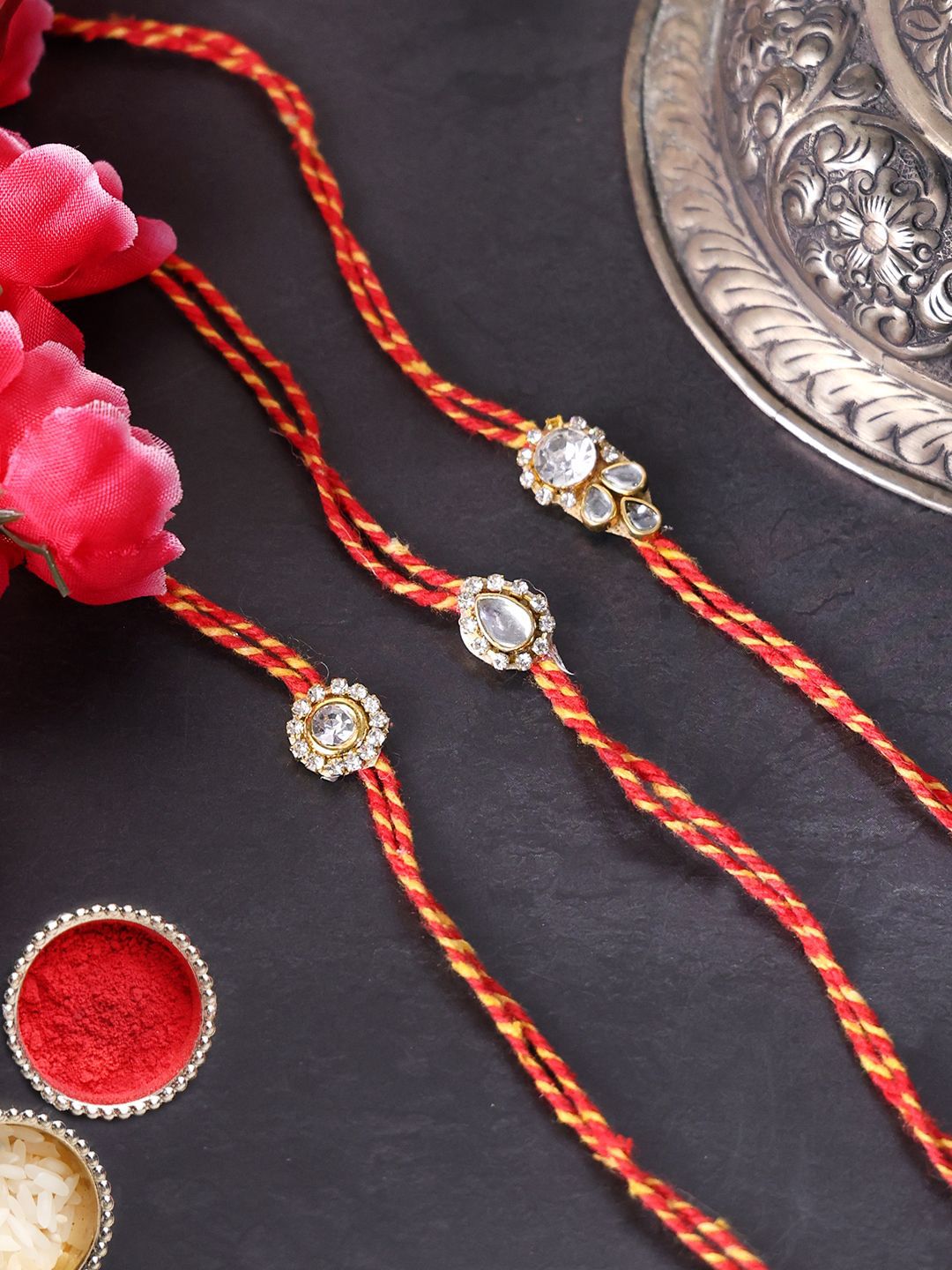 PANASH- Unisex Set Of 3 Gold Plated Stone Studded Thread Rakhis With Roli Chawal