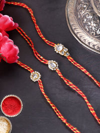 PANASH- Unisex Set Of 3 Gold Plated Stone Studded Thread Rakhis With Roli Chawal
