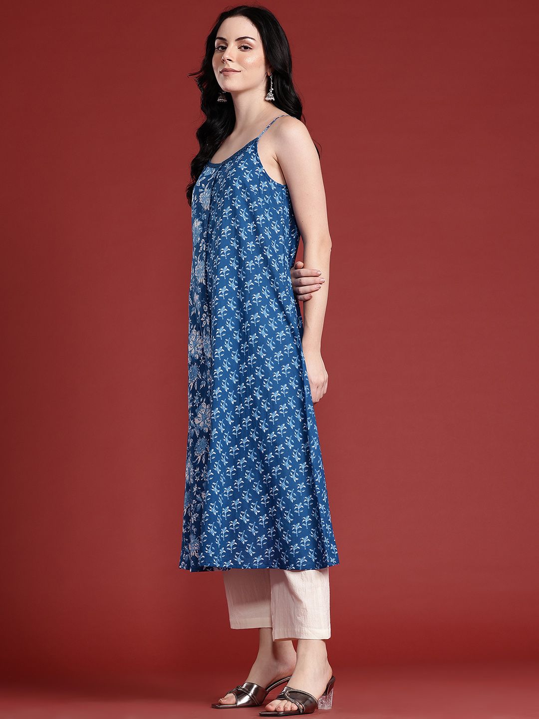Anouk Floral Printed Shoulder Straps Pure Cotton A-Line Kurta