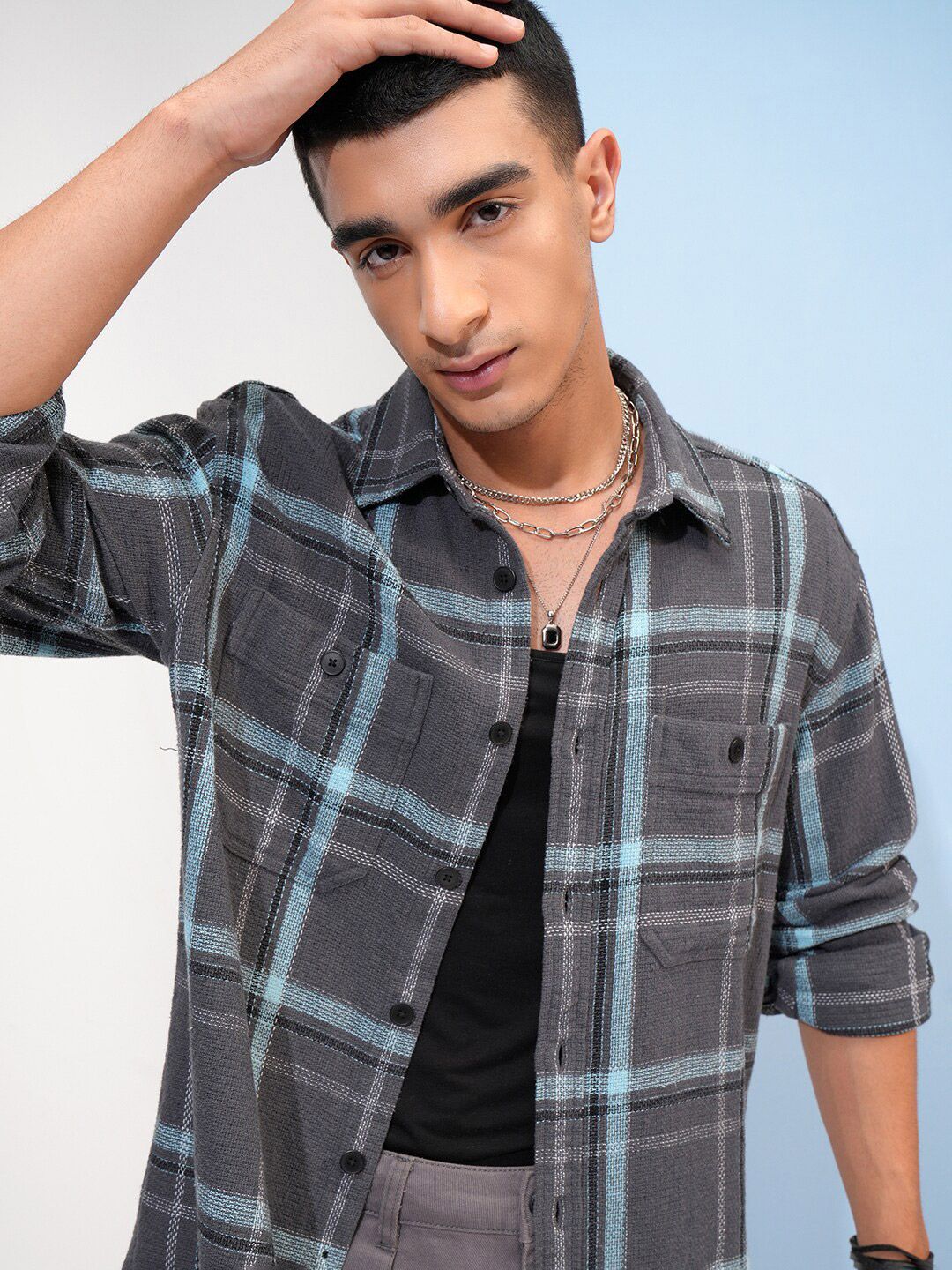Highlander Men Oversized Textured Dobby Checked Overshirt