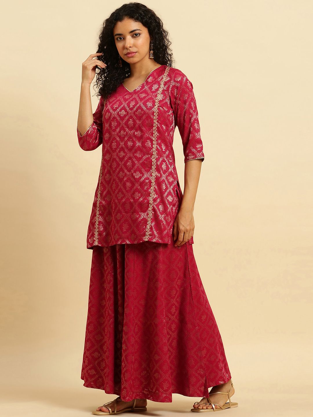 W Festive Striped Print Rayon Kurta With Flared Pant & Dupatta