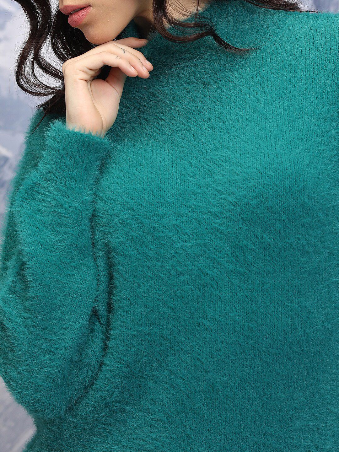 Tokyo Talkies Teal High Neck Long Sleeves Acrylic Pullover Sweater