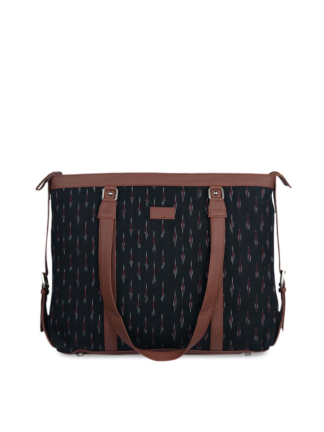 ZOUK Women Black Geometric Printed Leather Structured Shoulder Laptop Tote Bag