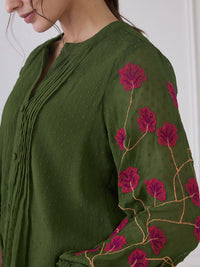 Antheaa Green Self Design Mandarin Collar Puff Sleeves Embroidered Chiffon Shirt Style Top