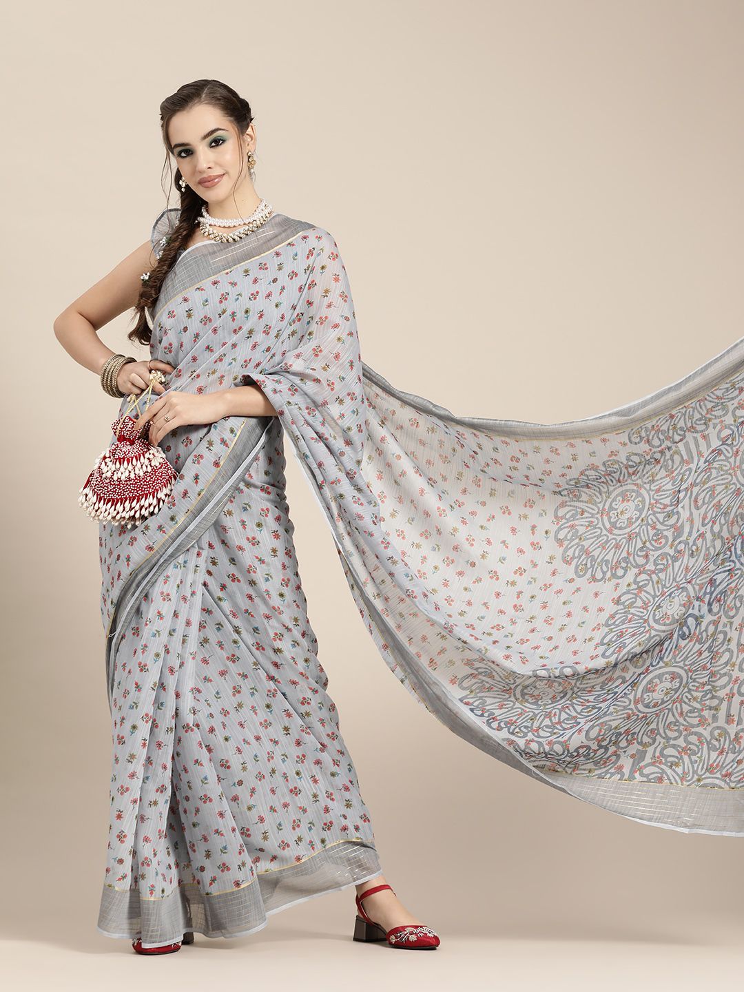 Saree mall Grey & Maroon Floral Linen Blend Chanderi Sarees