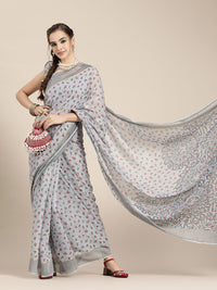 Saree mall Grey & Maroon Floral Linen Blend Chanderi Sarees