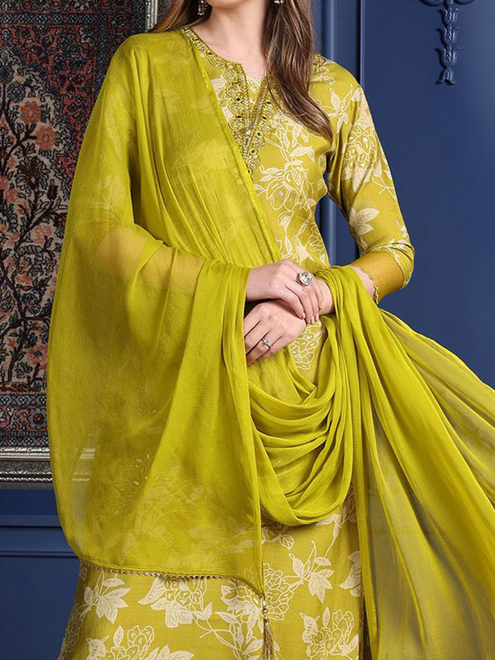 Kalini Floral Printed Notch Mirror Work Kurta Lurus Dengan Palazzo & Dupatta