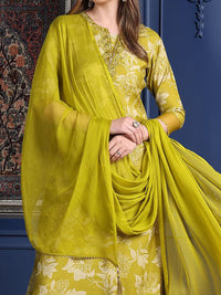 Kalini Floral Printed Notch Mirror Work Kurta Lurus Dengan Palazzo & Dupatta