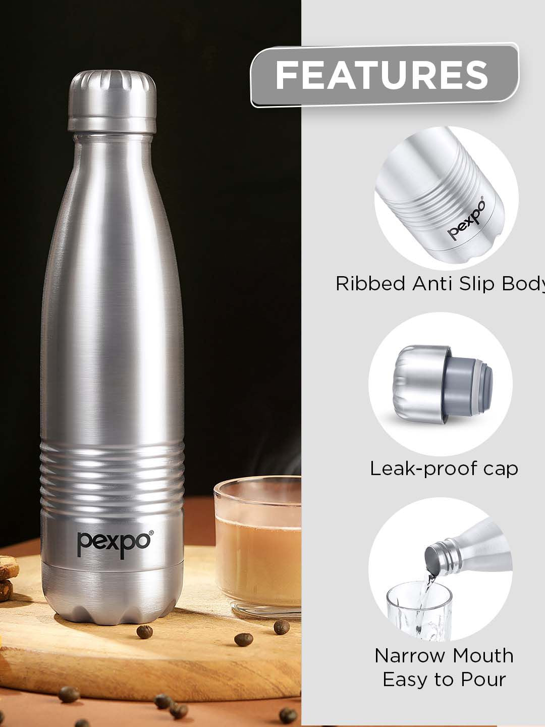 Pexpo Echodlx Silver-Toned ISI Certified Thermosteel Hot Flask Water Bottle 1000ml