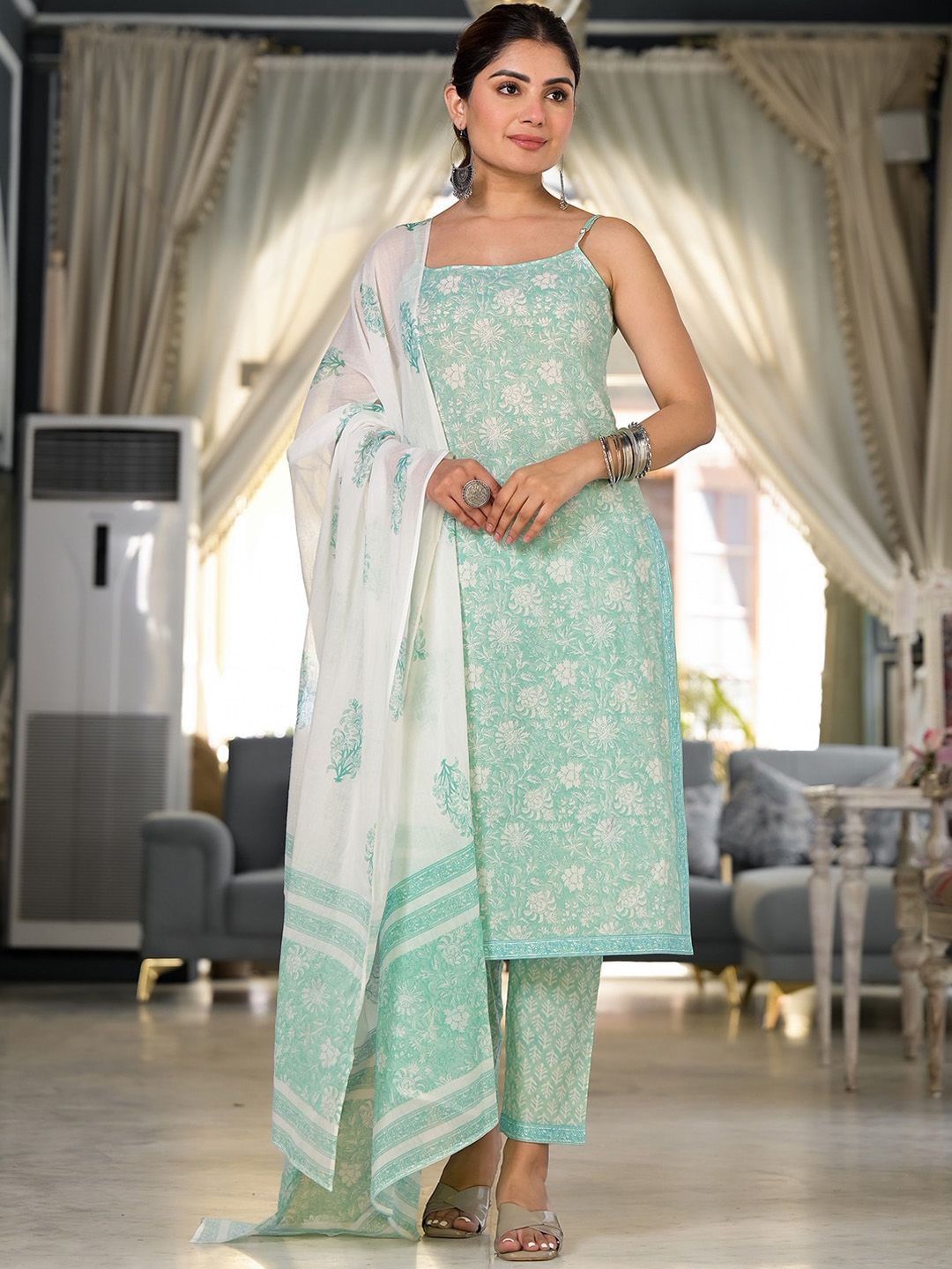 Vishudh Blue Floral Printed Regular Pure Cotton Kurta with Trousers & With Dupatta