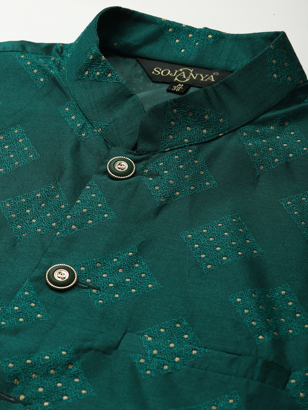 SOJANYA Men Solid Silk Blend Kurta with Churidar & Nehru Jacket