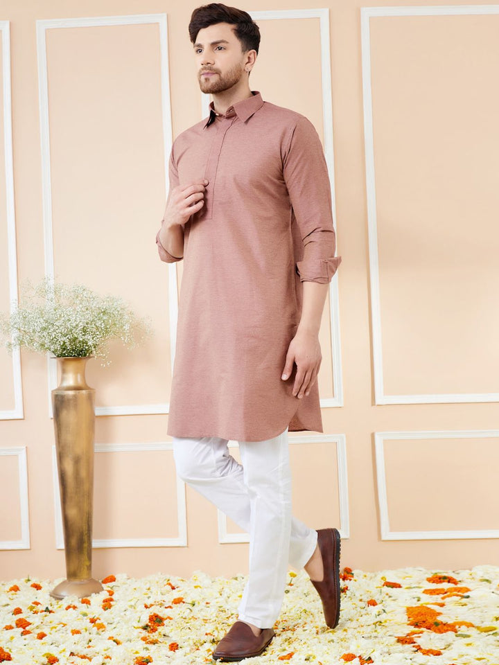 See Designs Shirt Collar Long Sleeves Pure Cotton Pathani Kurta With Pyjamas