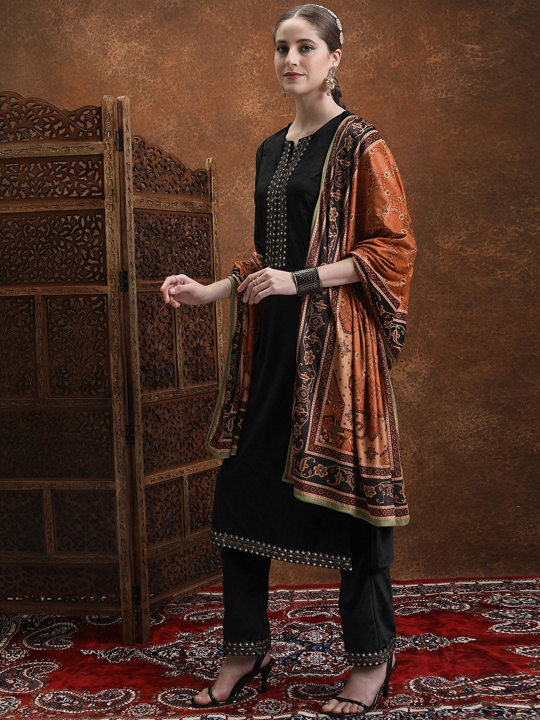 Vishudh Black Ethnic Motifs Yoke Design Regular Sequinned Kurta With Palazzos & Dupatta