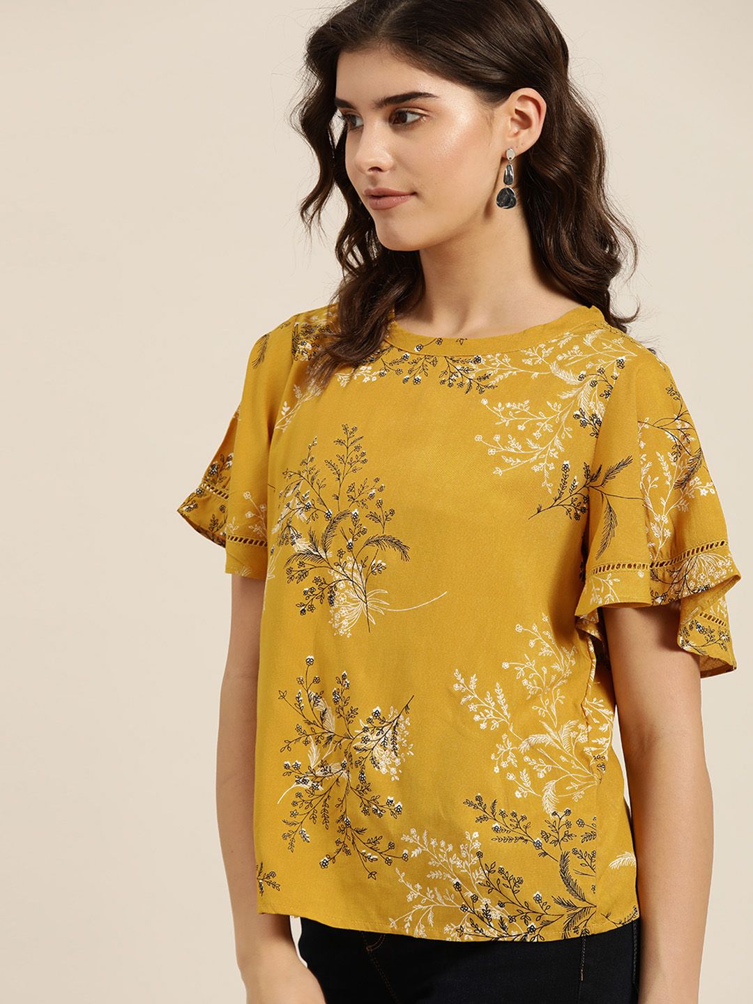 all about you Mustard Yellow Floral Print Top With Flared Sleeves