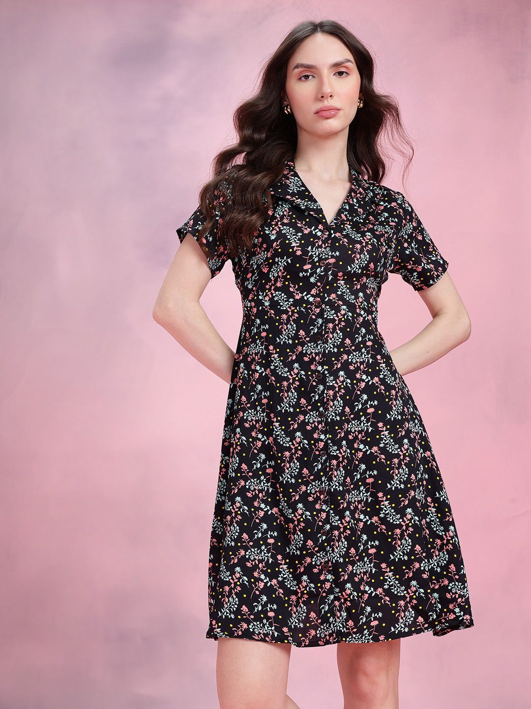 DressBerry Floral Print Notched Lapel Collar Shirt-Style Dress